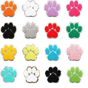 New Design <b>Iron</b> on Glitter /Sliver Edge Colorful White Black Chenille Paw Patch for Decoration - Product Image 6