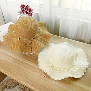 Female Summer Wave Brimmed Pearl Straw Hat <b>Sunscreen</b> Beach Sun Hat for Women Outdoor Sports Travel - Product Image 2