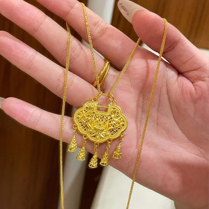 New Chinese style hollowed-out lotus tassel pendant necklace with peace lock, a modern and elegant Chinese fashion clavicle - Product Image 3