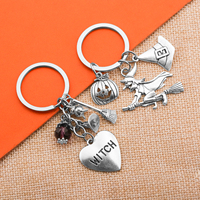 Porte-clés d'Halloween avec breloques citrouille, balai, chapeau, pendentif sorcière, breloque de sac, perle de cristal, anneau porte-clés argenté, cadeau