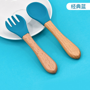 Juego de cubiertos para bebés y maternidad Yoyo, tenedor, cuchara, mango de madera, silicona, sin Bpa, para bebés de 0 a 12 meses - Product Image 3