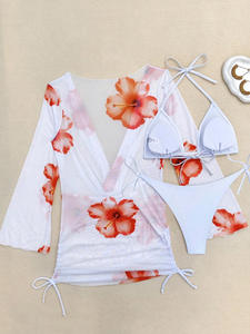 Traje de Baño con Logotipo Personalizado al por Mayor, Traje de Baño de 3 Piezas con Escote Profundo en V, Estampado, Vestido de Playa, Bikini Básico Acanalado para Mujer - Product Image 4