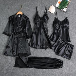 Conjunto de Verão Feminino em Cetim com Cinco Peças, Camisola Sexy de Manga Longa, Conjunto de Pijamas Respirável para Mulheres - Product Image 5