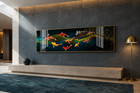Peinture à l'aquarelle Feng Shui Neuf poissons Koi Vague dorée Art mural de luxe sur papier pour décoration de bureau et d'hôtel Cadeau