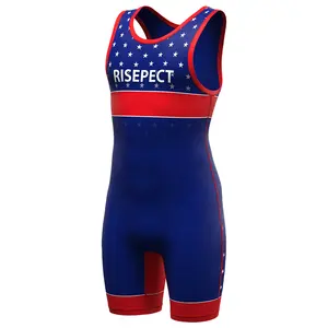 Legal para venda barato pro personalizado crianças sublimadas eua bandeira americana reversível vermelho azul wrestling singlet