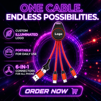 Câble de charge USB 5-en-1 tendance 2026 avec logo LED, USB-C, Micro USB, 8 broches, en aluminium tressé – Cadeau promotionnel d'entreprise