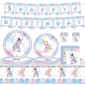 Décorations de <span class=keywords><strong>licorne</strong></span> sur le thème des dessins animés pour les fêtes d'<span class=keywords><strong>anniversaire</strong></span> des enfants Nouvelle vaisselle en papier violet avec assiettes Saint Valentin - Product Image 1