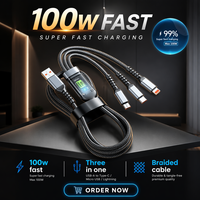 Kabel Data 3-in-1 Pengisian Cepat 100W Ukuran Sedang dengan Anyaman Transparan dan Port USB-A/Micro USB/Type-C untuk Ponsel