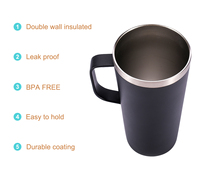 Tasse à café isolée sous vide, Double paroi, pour le voyage, en acier inoxydable, avec poignée et couvercle, 16oz