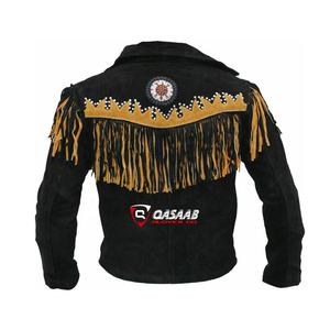 Veste en cuir de cow-boy occidental à col rabattu pour homme avec perles à franges - Product Image 4