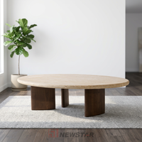 Table basse en travertin haut de gamme, surface en pierre naturelle ronde, base en bois, table basse de luxe pour espaces de vie