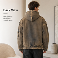 Sweat à capuche surdimensionné personnalisé OEM, en tissu épais délavé, avec bords effilochés, effet usé, déchiré, boutons-pression et poches cargo, style gothique