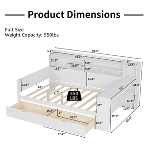 Modern Solid Wood Full/Queen Size Double Bed Daybed with Storage Shelves Two Drawers and <b>Study</b> <b>Desk</b> for Bedroom - Product Image 6