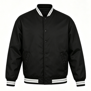 Chaqueta Varsity Negra para Hombre con Ribete Blanco, Corte Regular, Chaqueta Bomber Informal de Poliéster para Otoño - Product Image 1