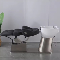 Chaise de shampooing moderne en fibre de salon de coiffure avec base en acier inoxydable, ascenseur électrique, bol et chaise de shampoing rotatifs, meubles de salon de coiffure