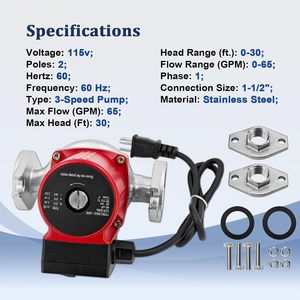 Lapvier Water Circulator Pump 1/2 Hp 115V Flange <b>Connection</b> 1/2 In For Radiant Floor Heating System - Product Image 3