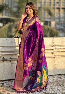 Sari de Seda Paithani con Intrincados Motivos de Zari, Tradicional Gudi Padwa y Ropa Festiva, Sari Étnico y Gudi Padwa - Product Image 3