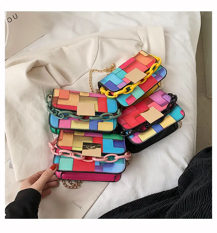 المرأة 2021 جديد أزياء حقيبة ساعي التباين اللون بناء كتلة لغز سلسلة صغيرة صندوق مربع
