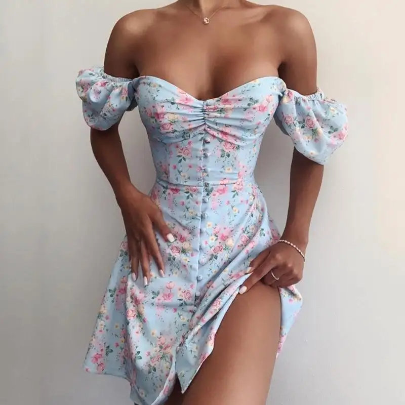Summer Beach Sexy Womens Floral Print Strapless Bodycon Party Club Puff Sleeve Elegant Vintage Casual Mini Dress