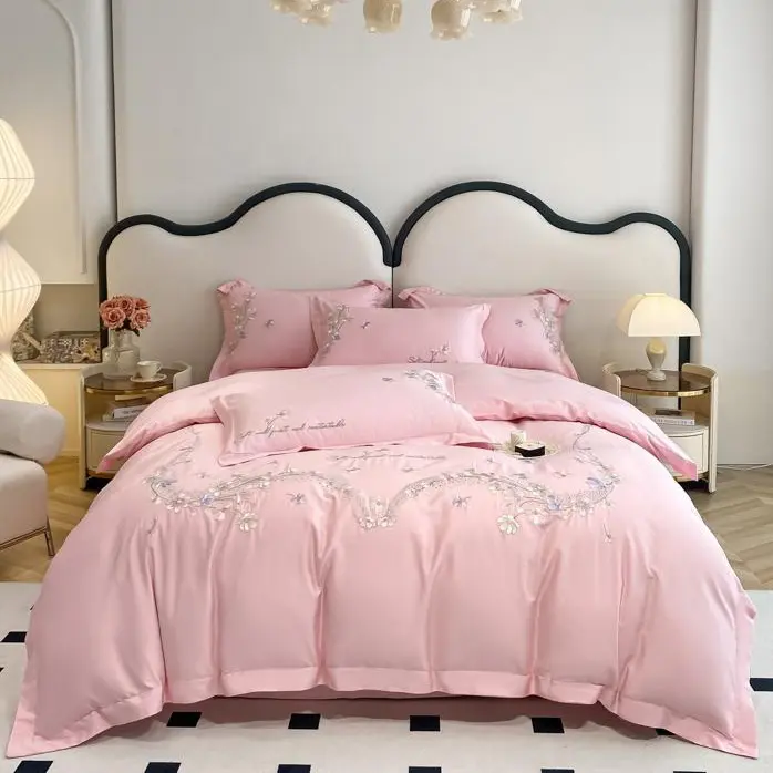 Juego de ropa de cama de estilo moderno, edredón de princesa, tamaño king, 100% algodón, rosa, bordado, venta al por mayor