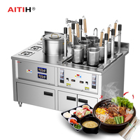 Machine de restauration de cuisine avec cuiseur à nouilles à levage automatique, maintien au chaud intégré, station à soupe et 3 stations à condiments