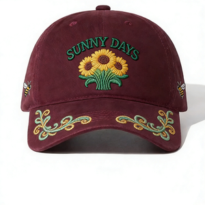Casquette de baseball bordeaux à texture douce, broderie 3D trèfle à quatre feuilles, pissenlit, abeille avec œillets décoratifs, chapeau décontracté porte-bonheur - Product Image 1