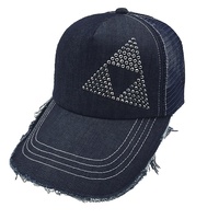 Diseño personalizado borde deshilachado Hot Fix Iron Tablets bordado 5-Panel Denim poliéster malla gorra de camionero