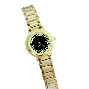 Reloj Mecánico de Esfera Redonda para Mujer, Bisel con Patrón de Llave Griega, Esfera Negra, Correa de Acero Inoxidable en Tono Dorado Pulido - Product Image 1