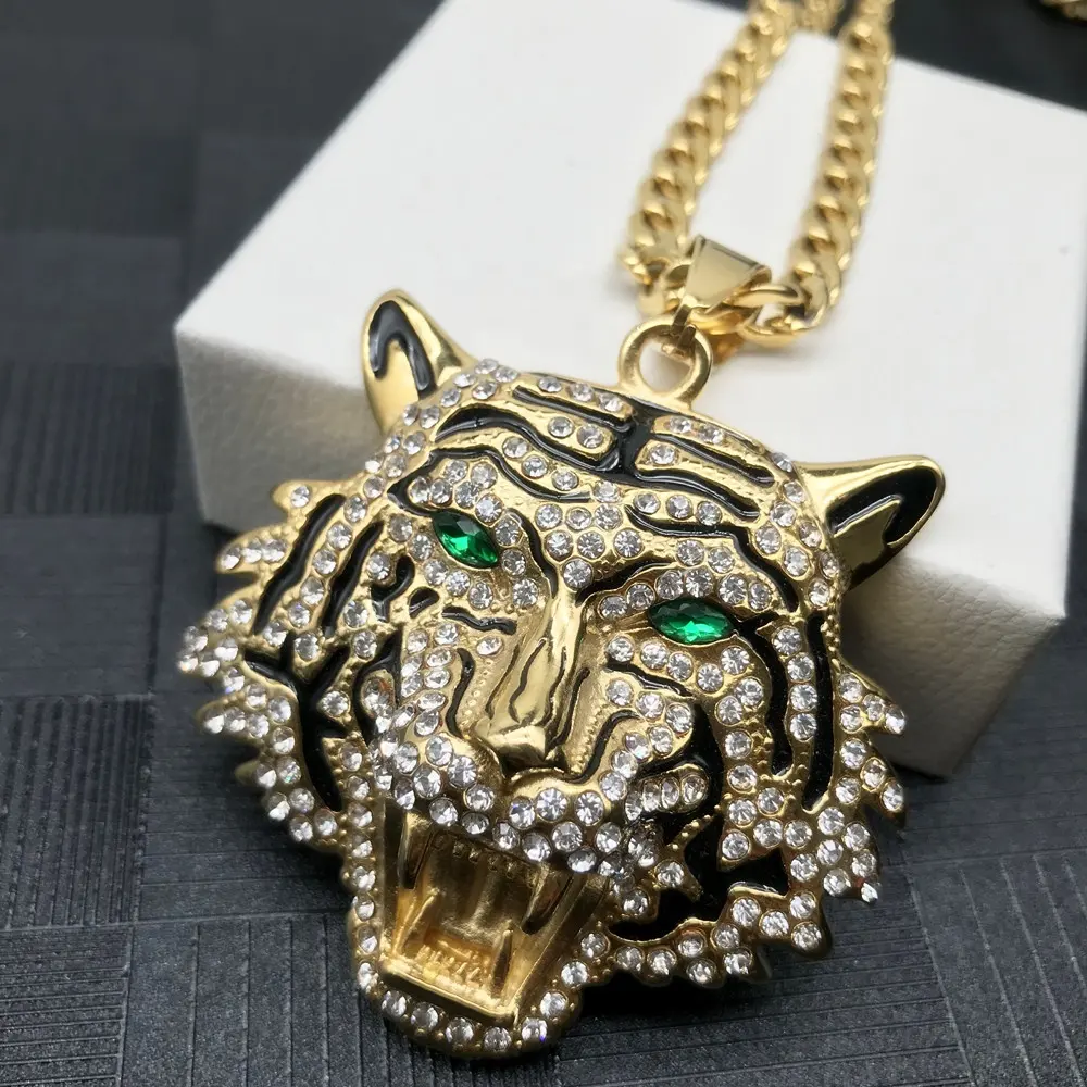 Sản xuất beiyan thời trang người đàn ông mát mẻ kim cương Rhinestone tinh thể vàng màu xanh lá cây mắt Tiger Head Mặt dây chuyền