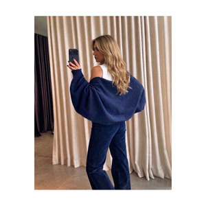 Women's <b>Navy</b> Blue Knitted Raglan Sleeve Bolero <b>Cardigan</b> Korean Style All Seasons Wear - Product Image 5