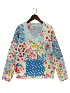 Maglione Vintage con Stampa Floreale e <span class=keywords><strong>Pois</strong></span>, Casual Primaverile, Maniche Lunghe, Scollo a V, 100% Poliestere Traspirante - Product Image 4