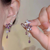 Anting-anting Rumbai Zirkon Bunga Ungu Grosir, Perhiasan Bunga Alloy Wanita, Perhiasan Pernikahan