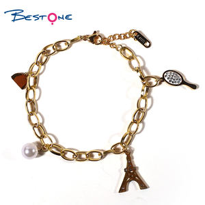 Nueva moda Wantch Band mariposa Torre Eiffel perla pequeño espejo accesorios chapado en oro titanio acero cadena pulseras - Product Image 2