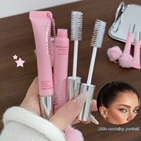 SHAQINUO Velvet-Touch Flyaway Taming Balm Tabung Pink Lucu dengan Aksesoris Pom Pom dan Sikat Terintegrasi Krim Penata Rambut Tidak Lengket