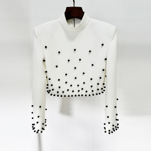 White Beautiful Spring Autumn Formal Luxury <b>Tops</b> <b>Skirt</b> <b>Set</b> Pearl Crystal Beading Stand <b>Long</b> Sleeve Eco-friendly Two Pieces <b>Set</b> - Product Image 2