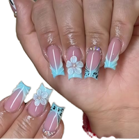 Shimmerz 24 pièces Faux ongles bleus en plastique à presser, longueur moyenne carrée, motif floral 3D avec fleurs et strass, personnalisable