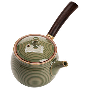 Tetera Redonda de Cerámica Retro con Asa Lateral, de Gres, con Tapa, Esmalte Verde Bambú, Juego de Té Kung Fu - Product Image 5