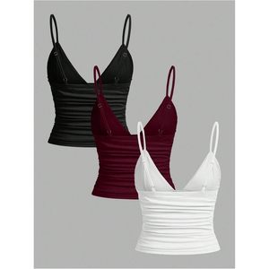 Custom Women's Deep V Neck <b>Spaghetti</b> <b>Strap</b> Crop Top Camisole Summer Layered Tank Top Breathable Knitted 100% Polyester - Product Image 3