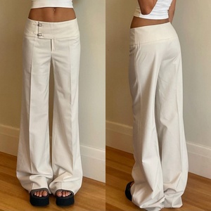 Y2K White Low Waist Wide Leg <b>Trousers</b>, Metal Buckle Detail Straight Pants, Elegant Casual Officewear - Product Image 2