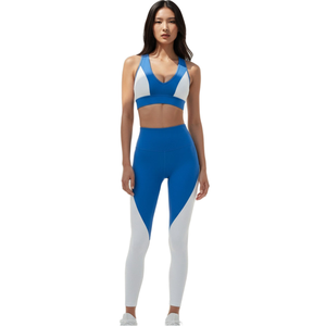 Yoga Set High Waisted Leggings Sports <b>Bra</b> <b>Blue</b> White Color Block Design Elastic Waist Seamless Women's Activewear - Product Image 1