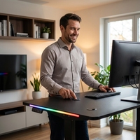 Bureau d'ordinateur électrique extensible moderne en bois et métal AOR BX PINK avec LED RGB pour joueur et bureau