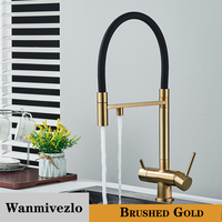 Robinet de cuisine en or brossé, eau chaude et froide, double bec, mitigeur d'eau potable pure, 3 trous, rotation, robinets de purification d'eau