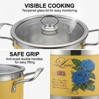 Ensemble de casseroles en acier inoxydable de style coréen FLEY, 10 pièces, avec impression jaune, couvercles en verre, marmite pour cuisinière à gaz et à induction