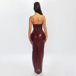 Robe longue élégante en cuir sans bretelles, cintrée à la taille, pour soirée, banquet, sexy - Product Image 2