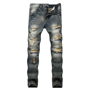 Jeans vintage pour homme, lavage moyen, taille mi-haute, déchirés, coupe droite, slim fit, non élastiques, denim <span class=keywords><strong>clair</strong></span> - Product Image 3