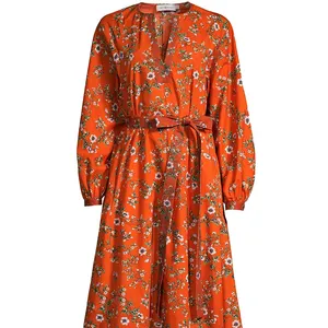 Women Elegant Flared Printing Orange Abaya Dress Long Skirt Cheap Casual Women Dress