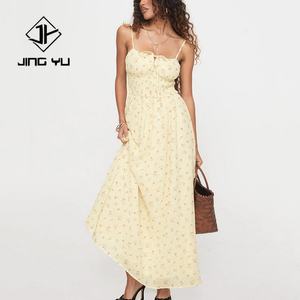 Vestido Largo Informal de Verano para Mujer, Diseño Floral Amarillo, Tirantes, Alta Calidad, 100% Rayón, Tela Suave - Product Image 1