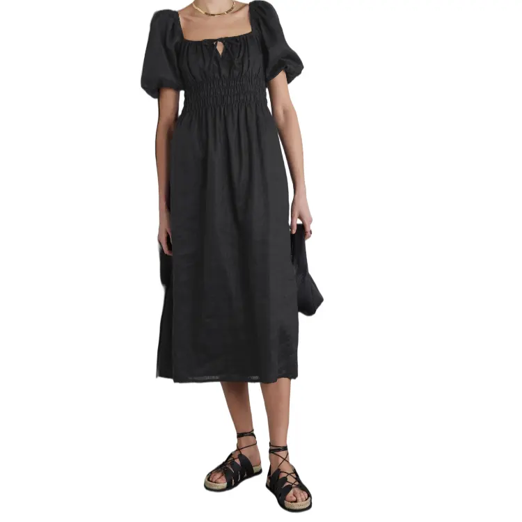 Custom Women Black Vintage Casual Puff Sleeve Party Dress Korean Style Female Elastic High Waist Linen Loose Dress