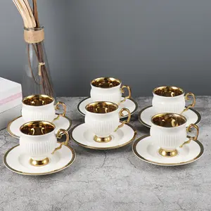 Taza de Espresso de porcelana árabe con logotipo personalizado, 6 uds., tazas pequeñas de cerámica, taza de té de café dorado y platillo, juego de tazas de café turco