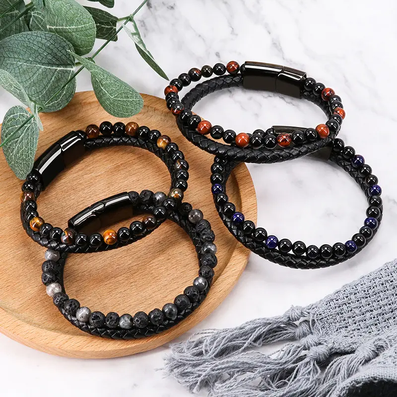 Fashion black cowhide rope natural stone beaded 2-layer superimposed men's bracelet manasite Tiger Eye bracelet daily jewelry